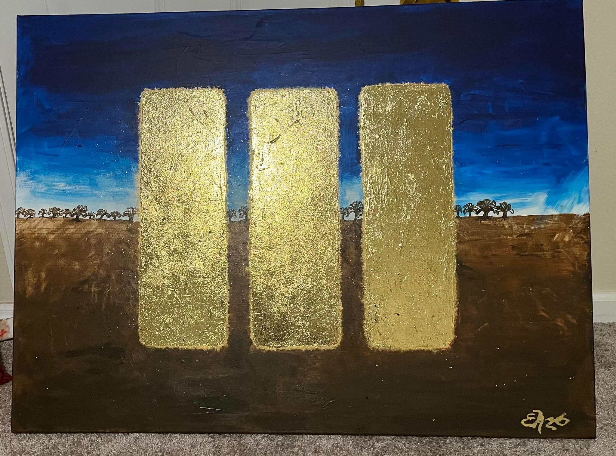 Gold pillars under night sky