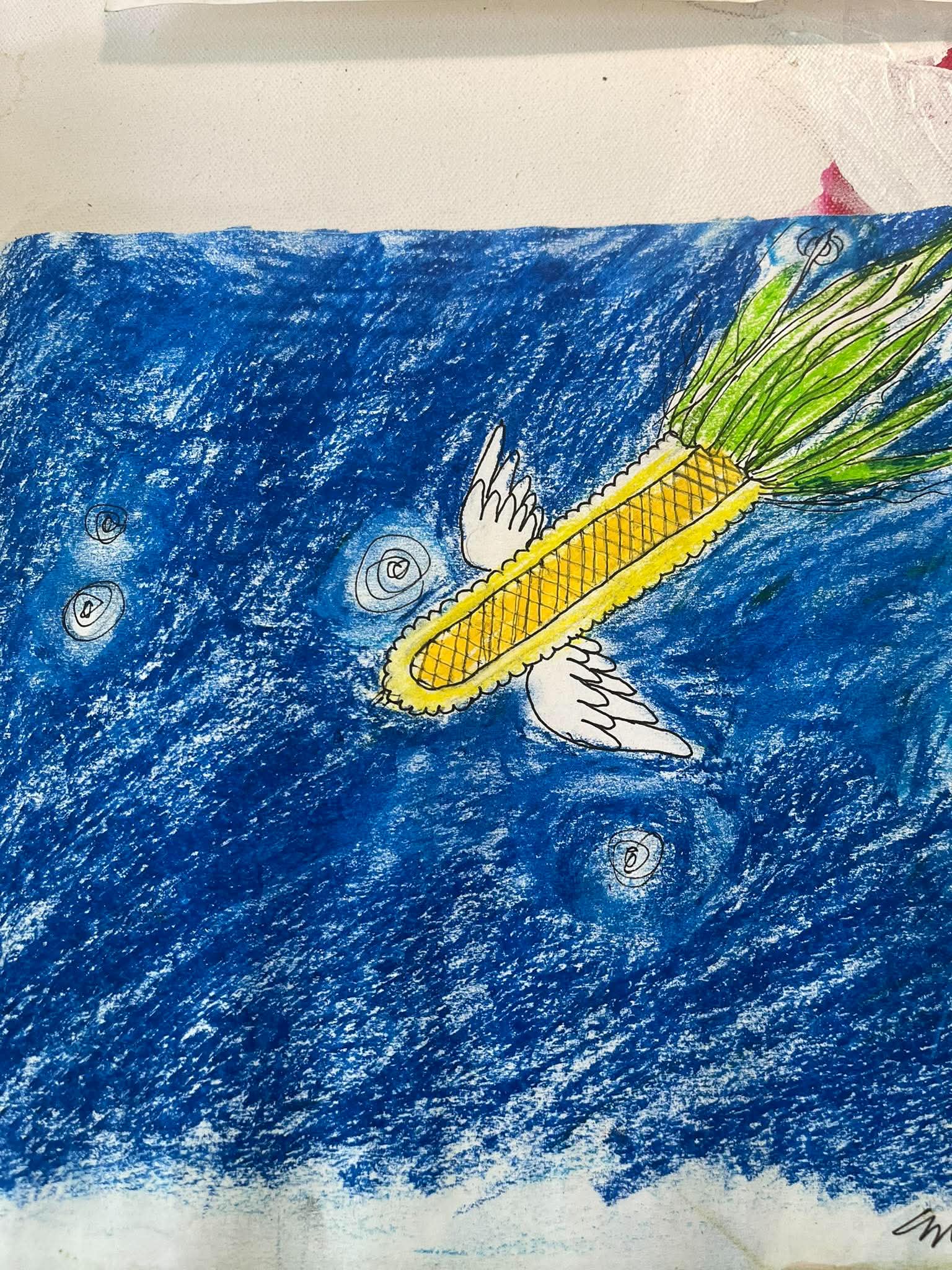 Winged offering over starry blue